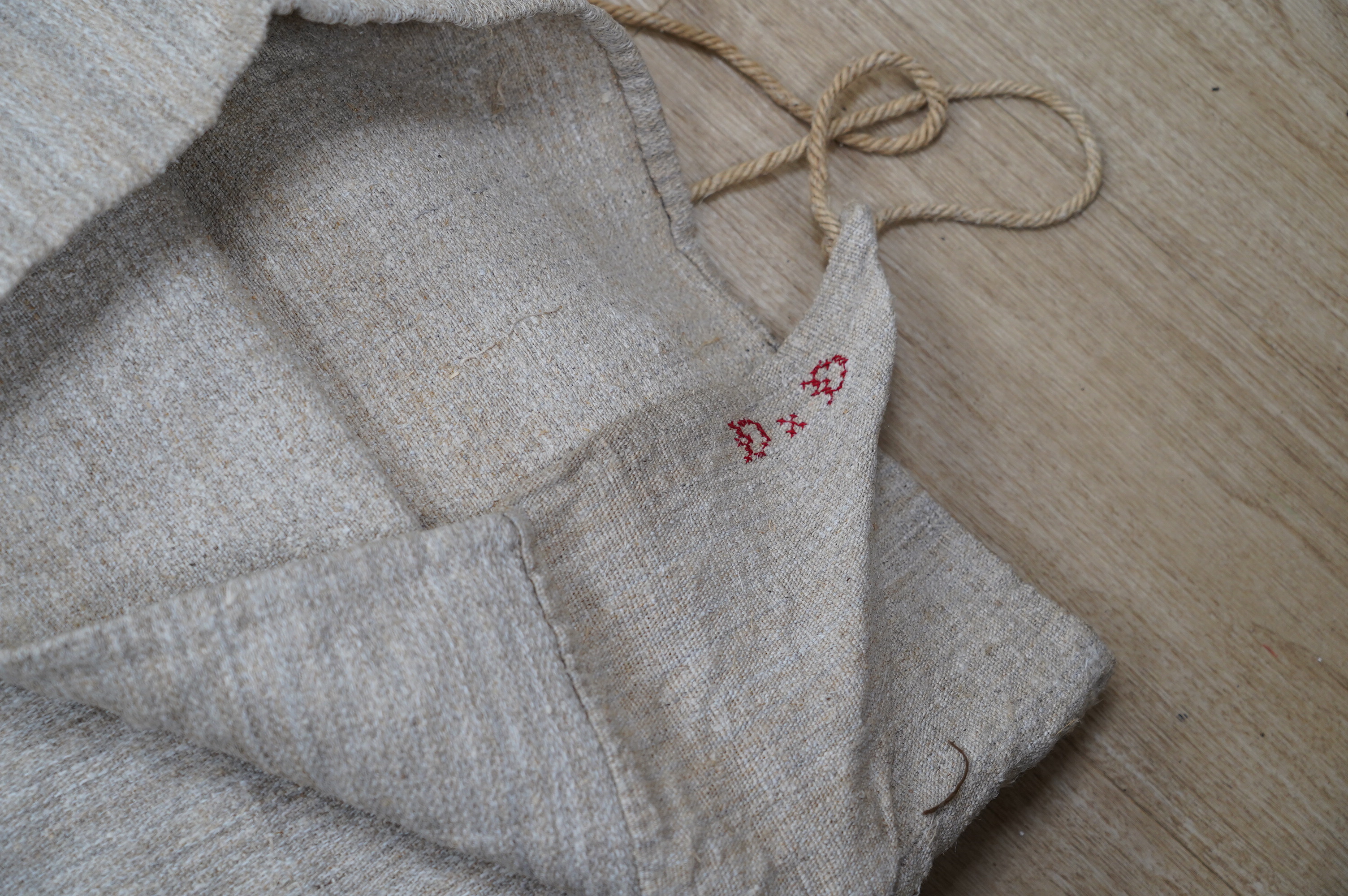 Five 19th century hand woven and monogrammed grain sacks. Condition - fair to good